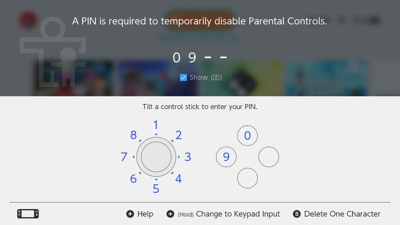 Inserindo um PIN na tela Nintendo Switch Parental Controls