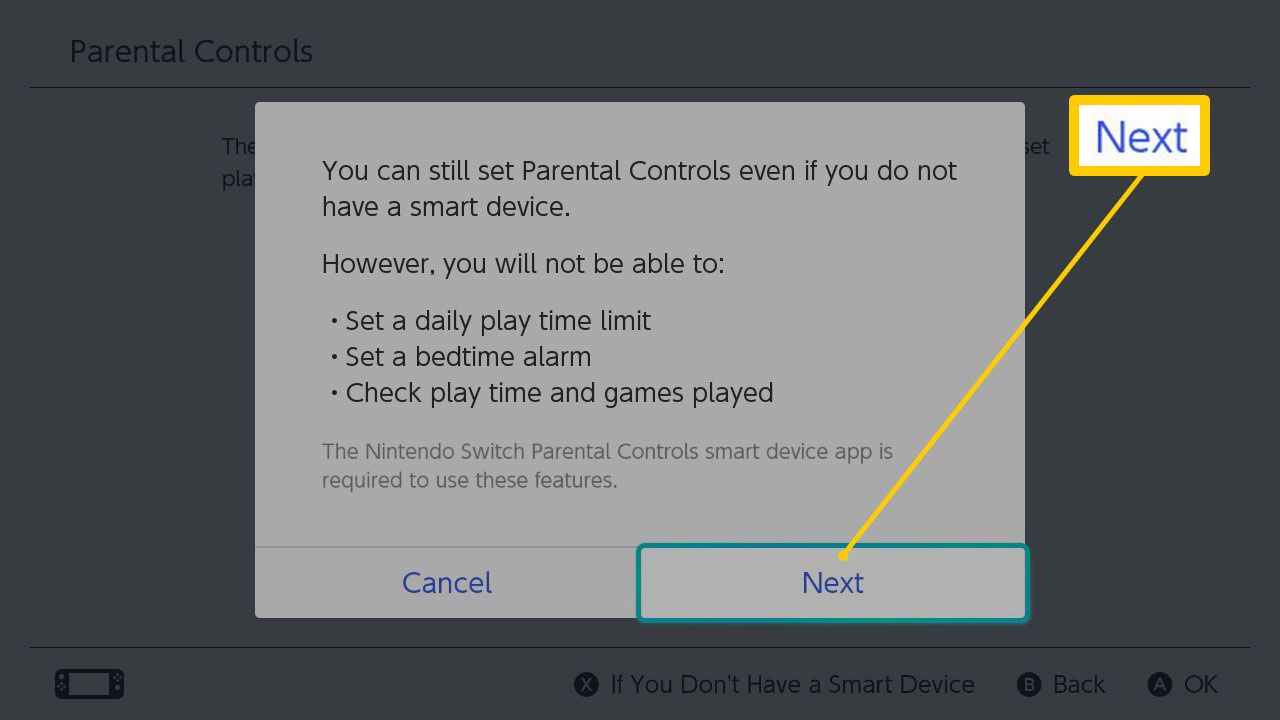A tela de configuração do Nintendo Switch Parental Controls se você não usar o aplicativo