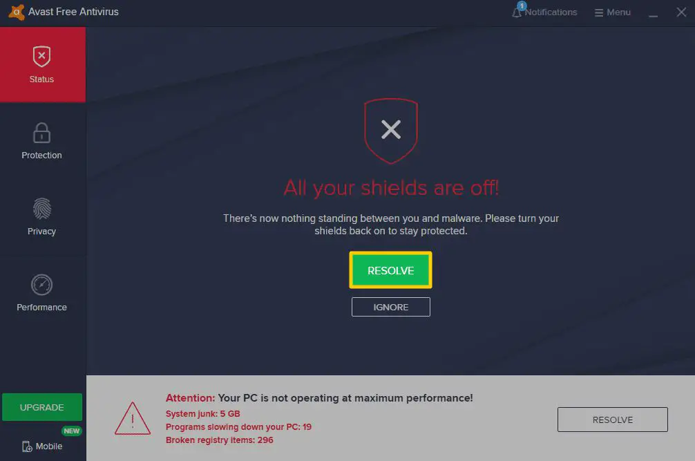 Uma captura de tela do Avast com os escudos desligados, solicitando ao usuário que resolva o problema.