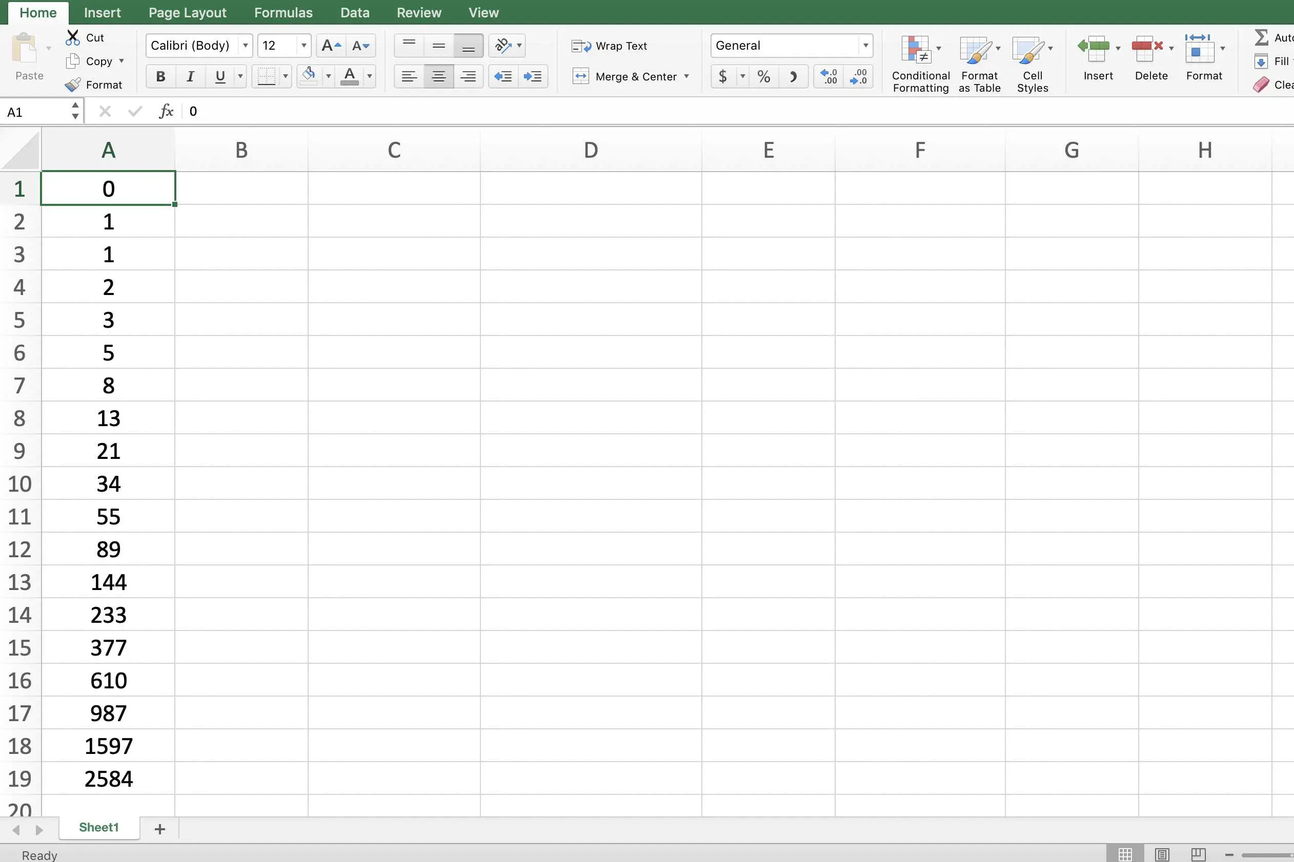 Captura de tela do Excel mostrando uma sequência de Fibonacci