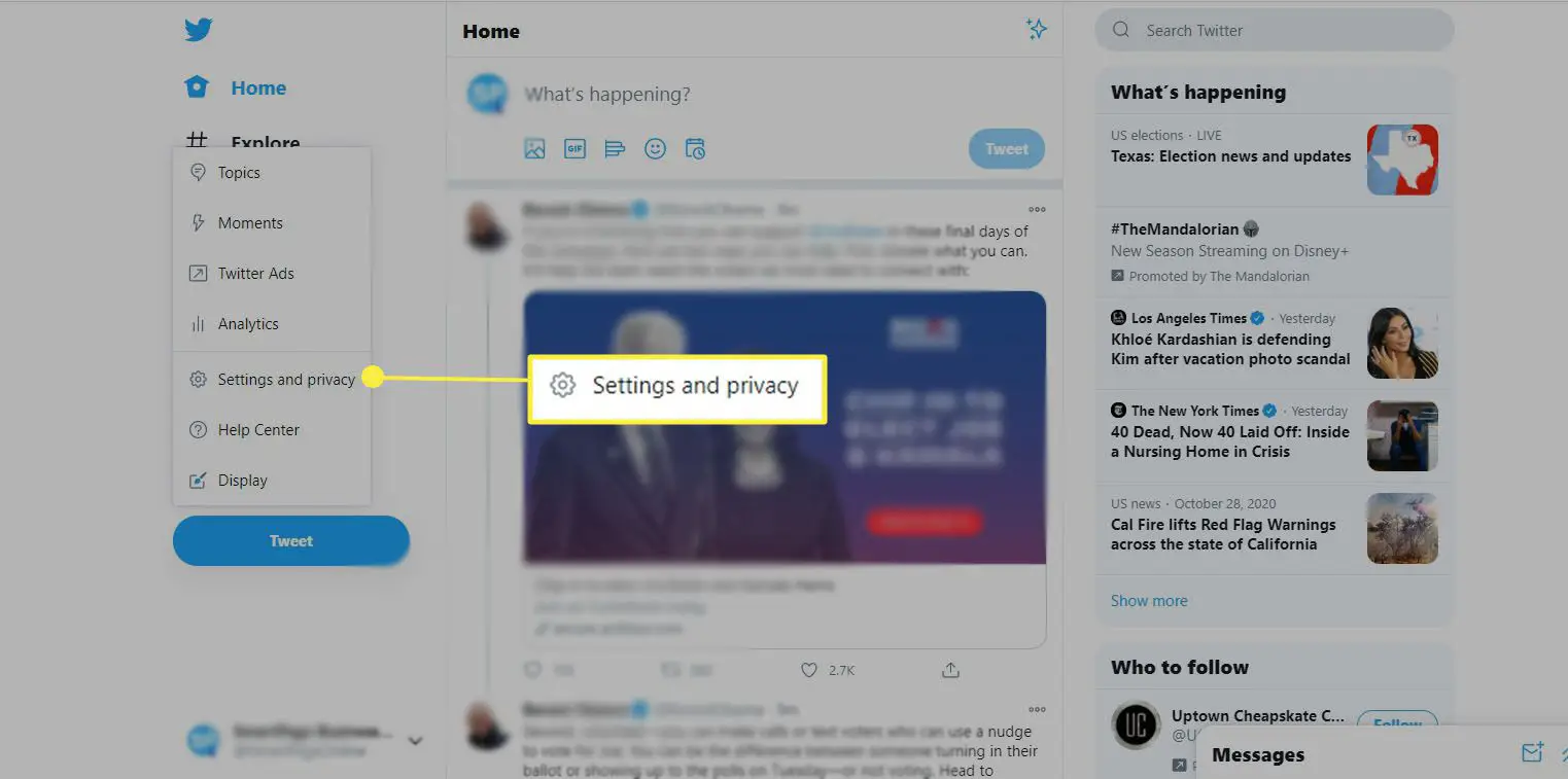 Twitter - selecione Configurações e privacidade
