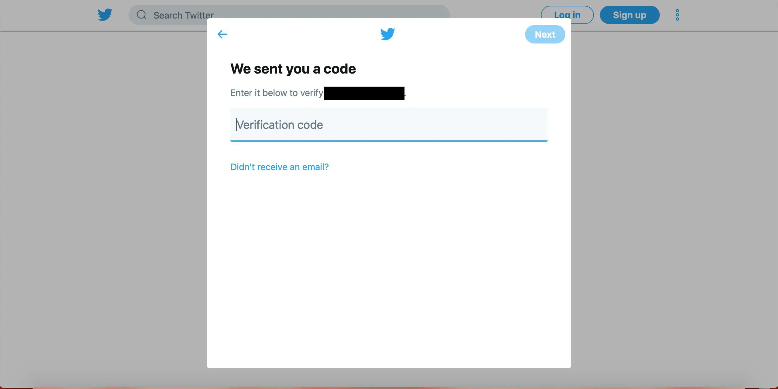 Tela do código de verificação do Twitter