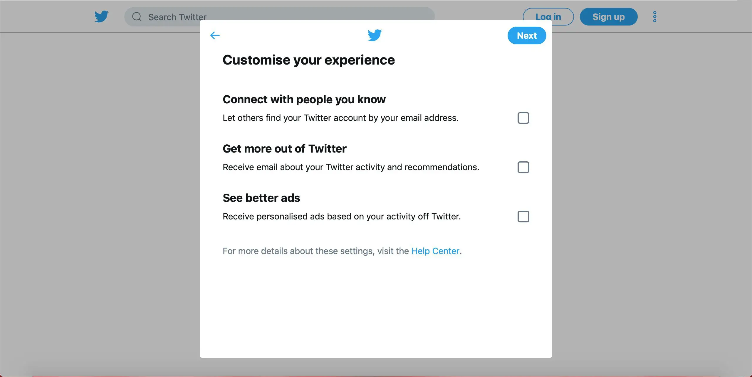 Twitter Personalize sua tela de experiência