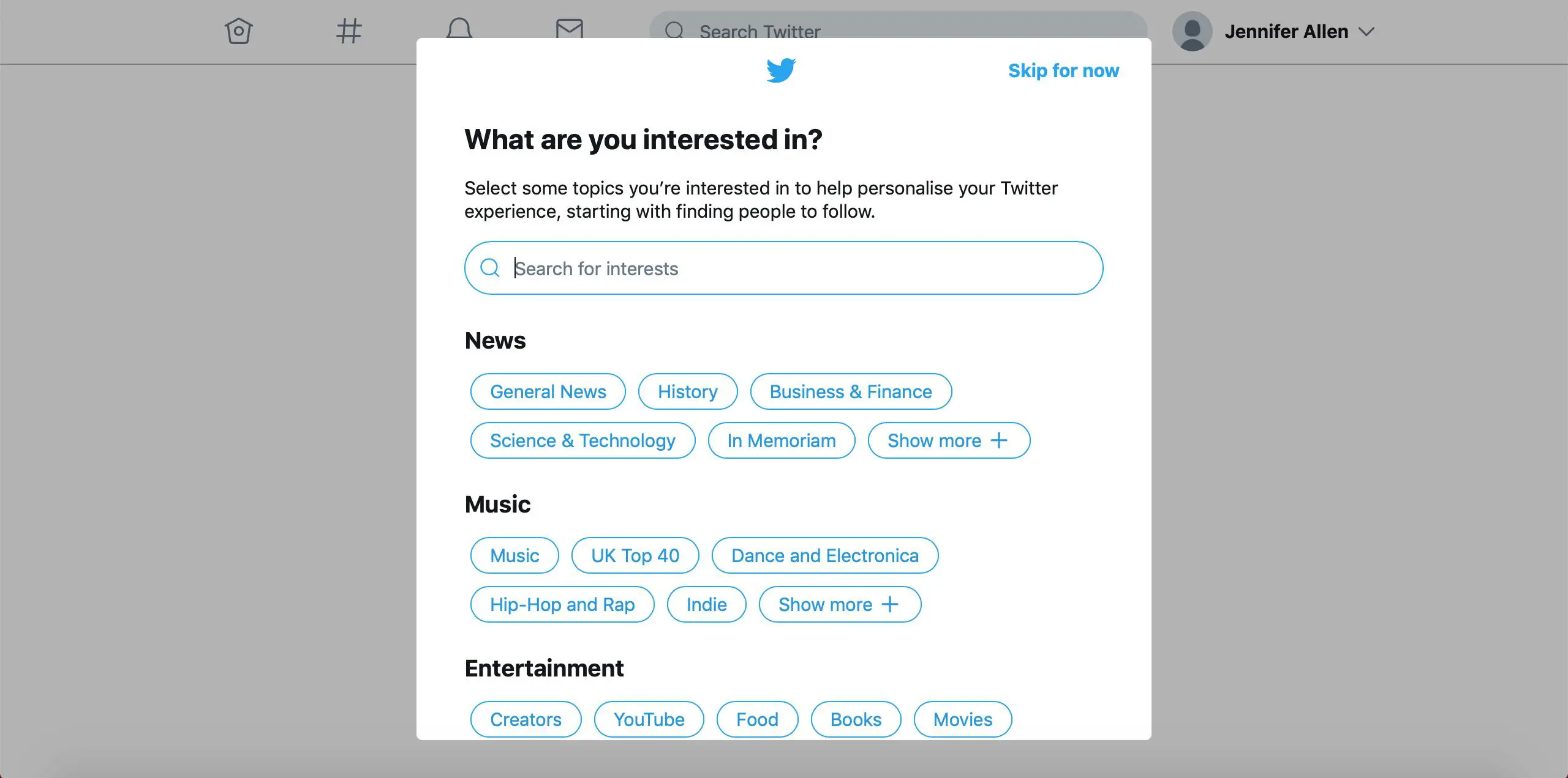 Twitter 'no que você está interessado?'  página de configuração