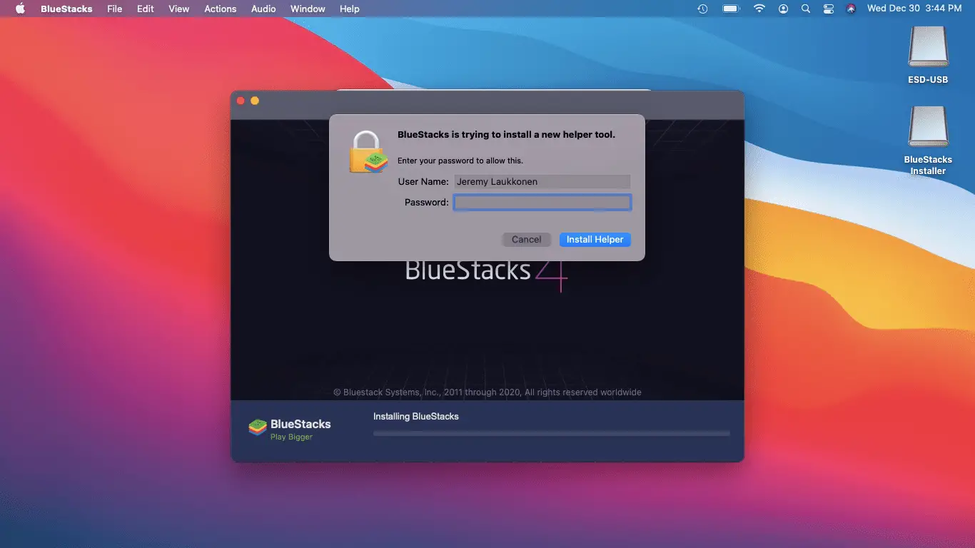 Conceder permissão ao instalador BlueStacks no macOS.