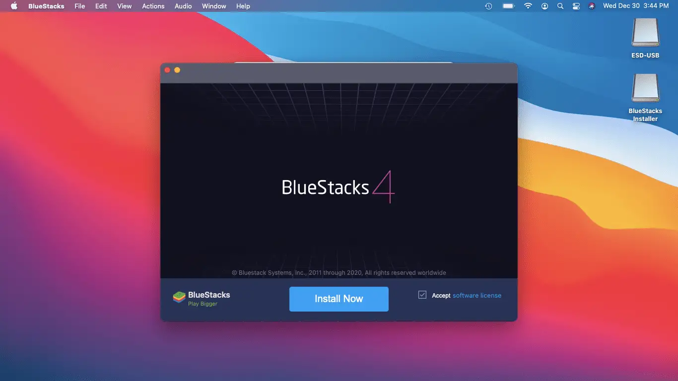 O instalador do BlueStacks no macOS.