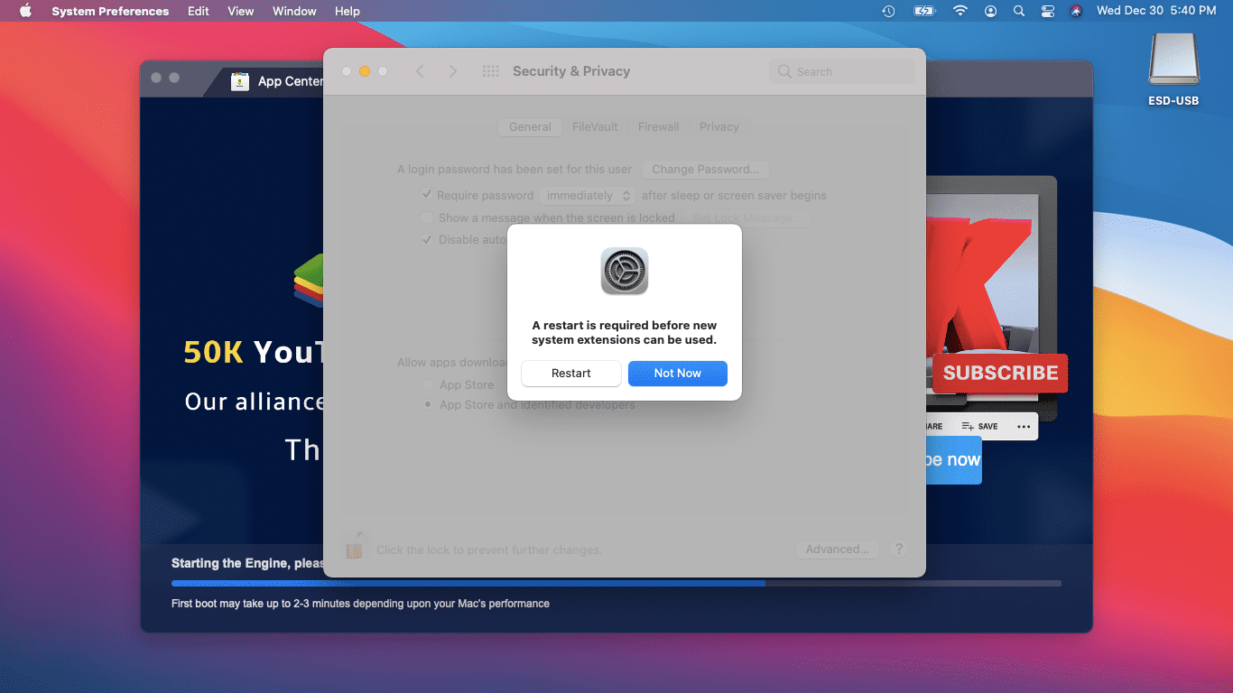 Reiniciando o macOS para instalar o BlueStacks.