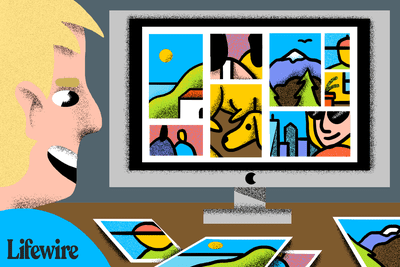 Ilustração de uma pessoa usando seu iMac para gerenciar suas fotos