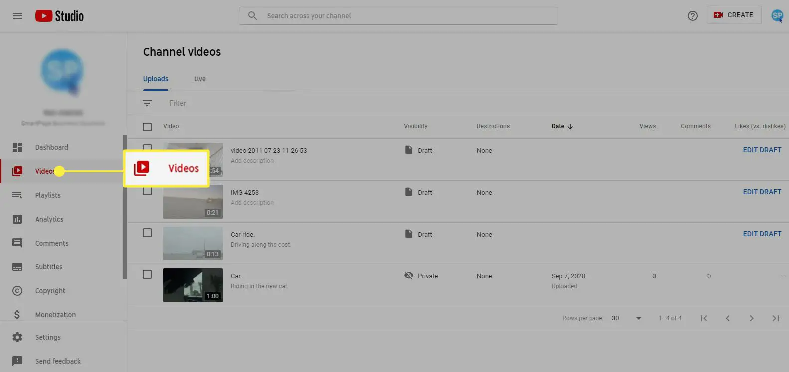 YouTube Studio - selecione vídeos
