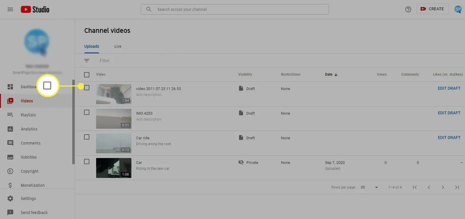 YouTube Studio - selecione o vídeo para adicionar o cartão