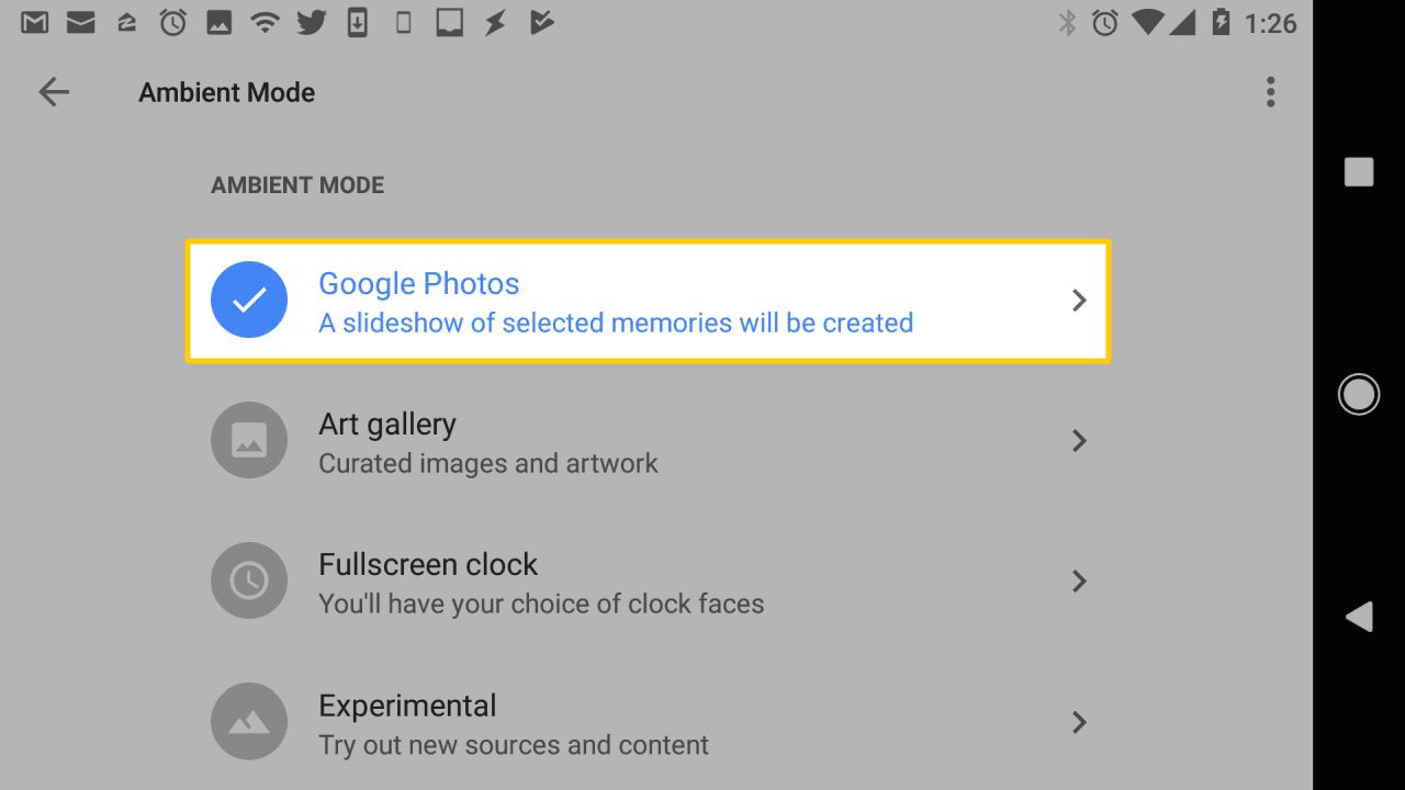 Tela de configurações do modo ambiente com Google Fotos selecionado