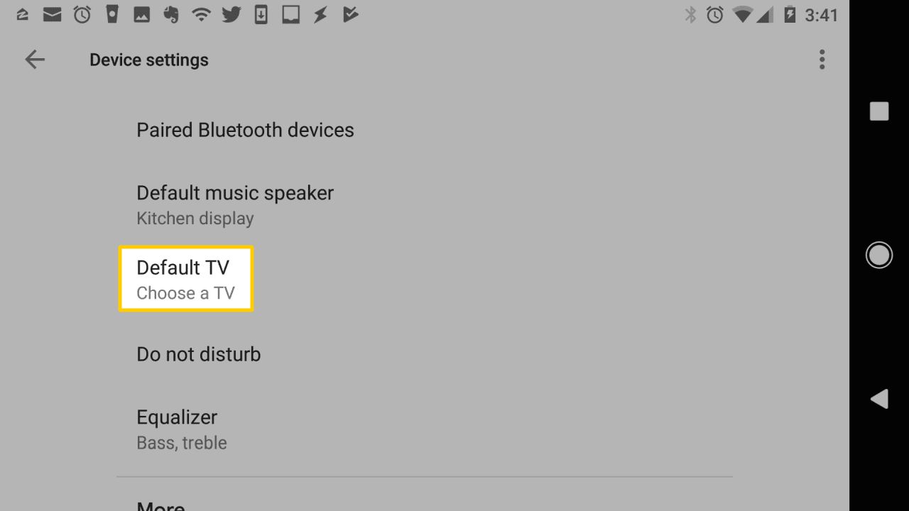 Página de configurações do dispositivo Google Home Hub com TV padrão selecionada