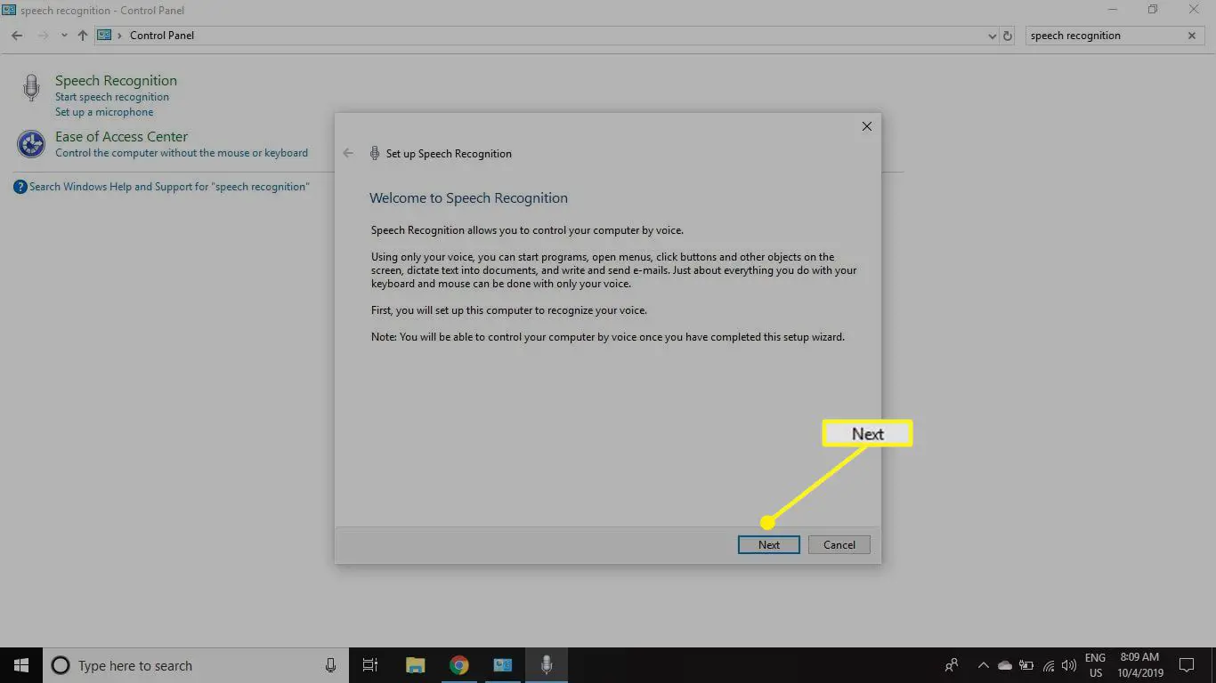Explicação do Windows Speech Recognition com Next selecionado