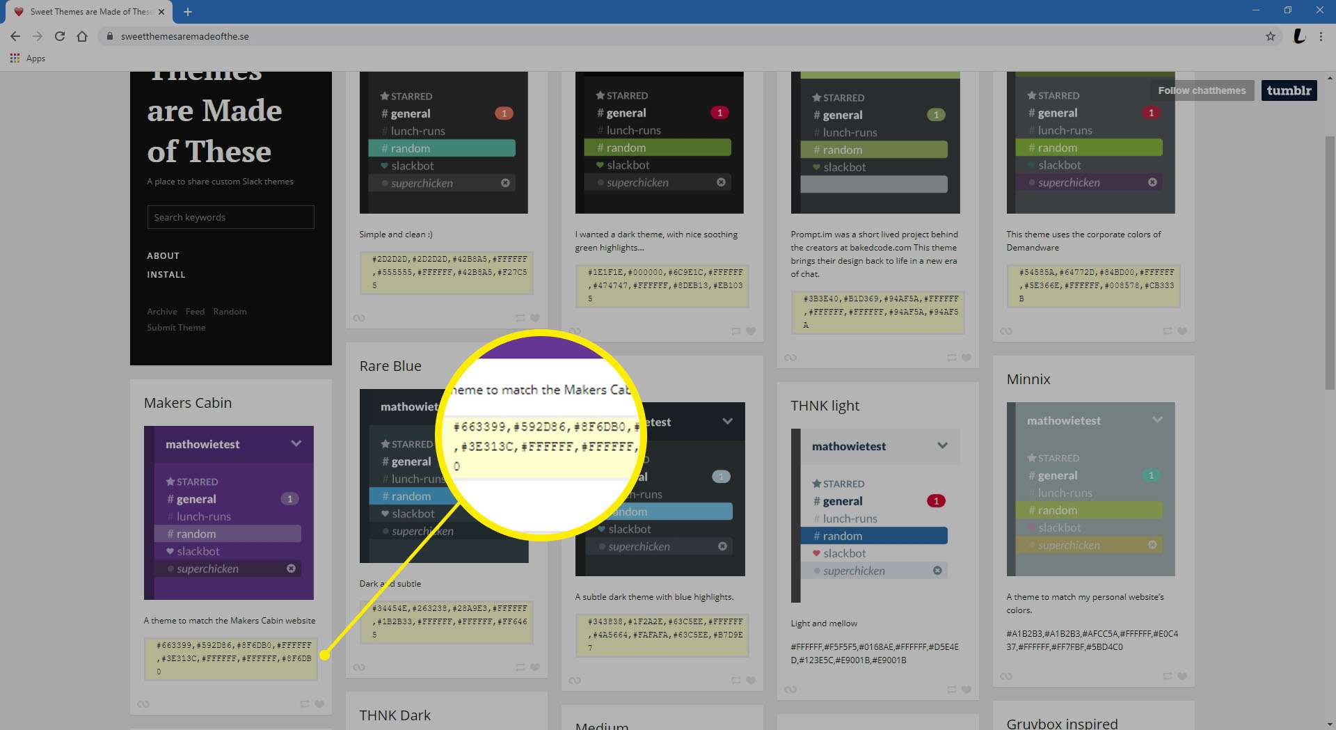 Captura de tela dos valores hexadecimais destacados no site do tema personalizado do Slack.