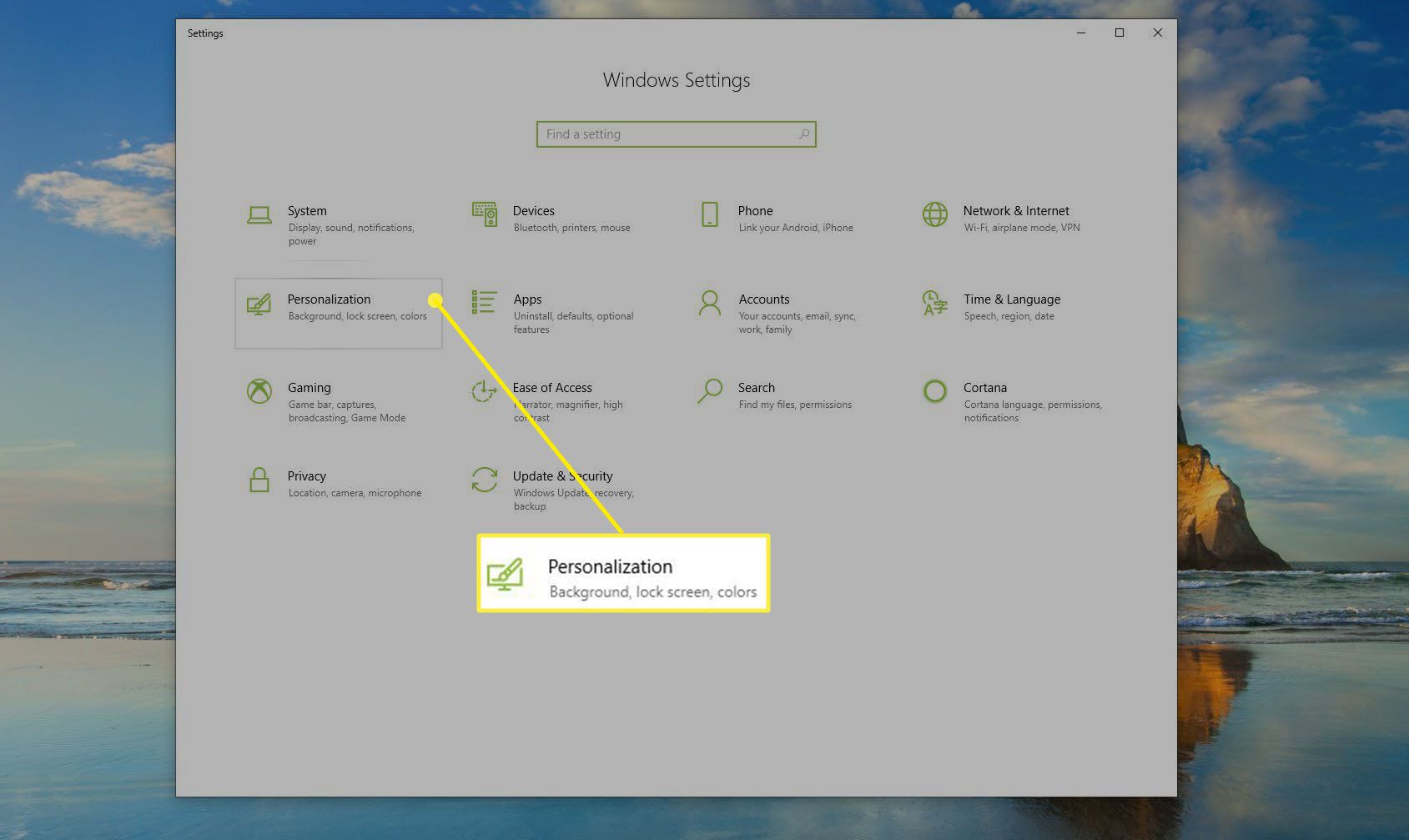 Captura de tela da Personalização nas Configurações do Windows