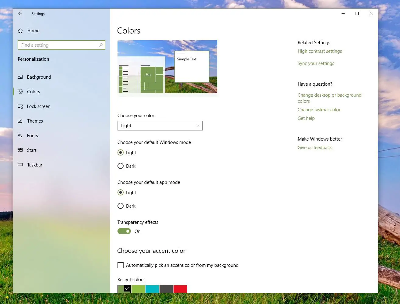 Captura de tela das opções de cores em temas
