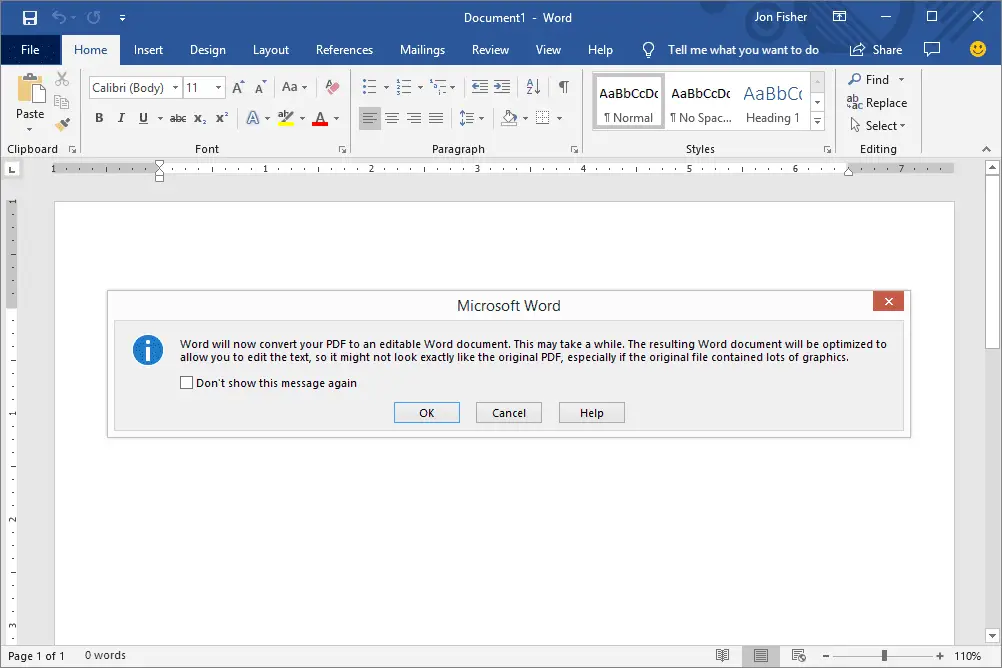 Solicitação de conversão de PDF no Microsoft Word