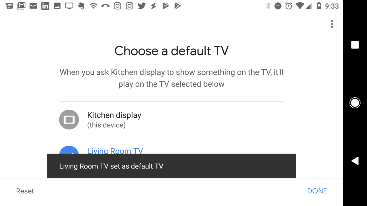 Uma TV Chromecast como a TV padrão nas configurações do app Google Home