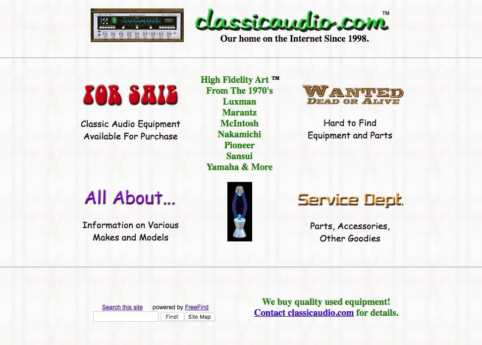 Captura de tela do site da Classic Audio que vende equipamento estéreo usado