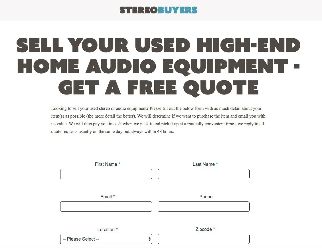 Captura de tela do site da StereoBuyers para venda de equipamento estéreo usado
