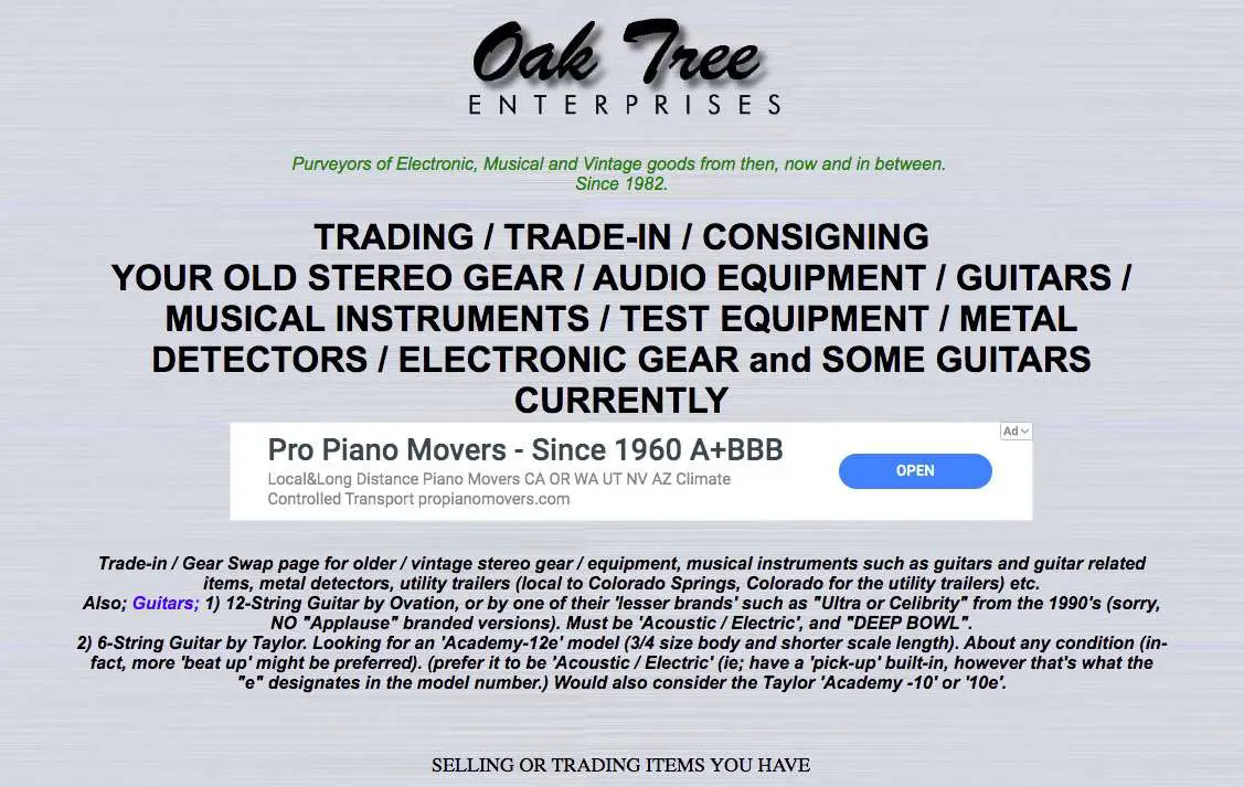 Captura de tela das vendas de aparelhos de som usados ​​on-line da Oak Tree Enterprises