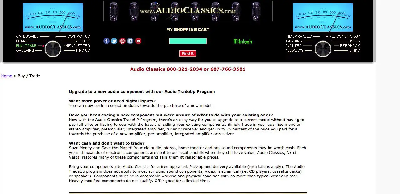 Captura de tela do site online da Audio Classics para vendas de aparelhos de som usados
