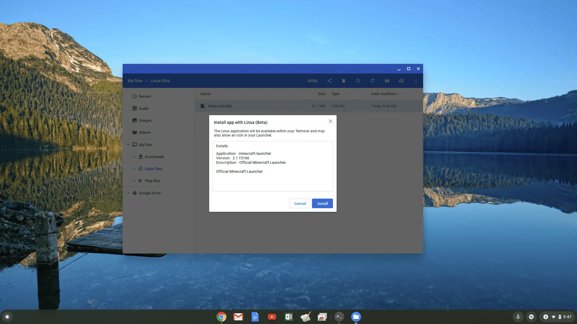 Captura de tela da instalação do Linux (Beta) no Chromebook