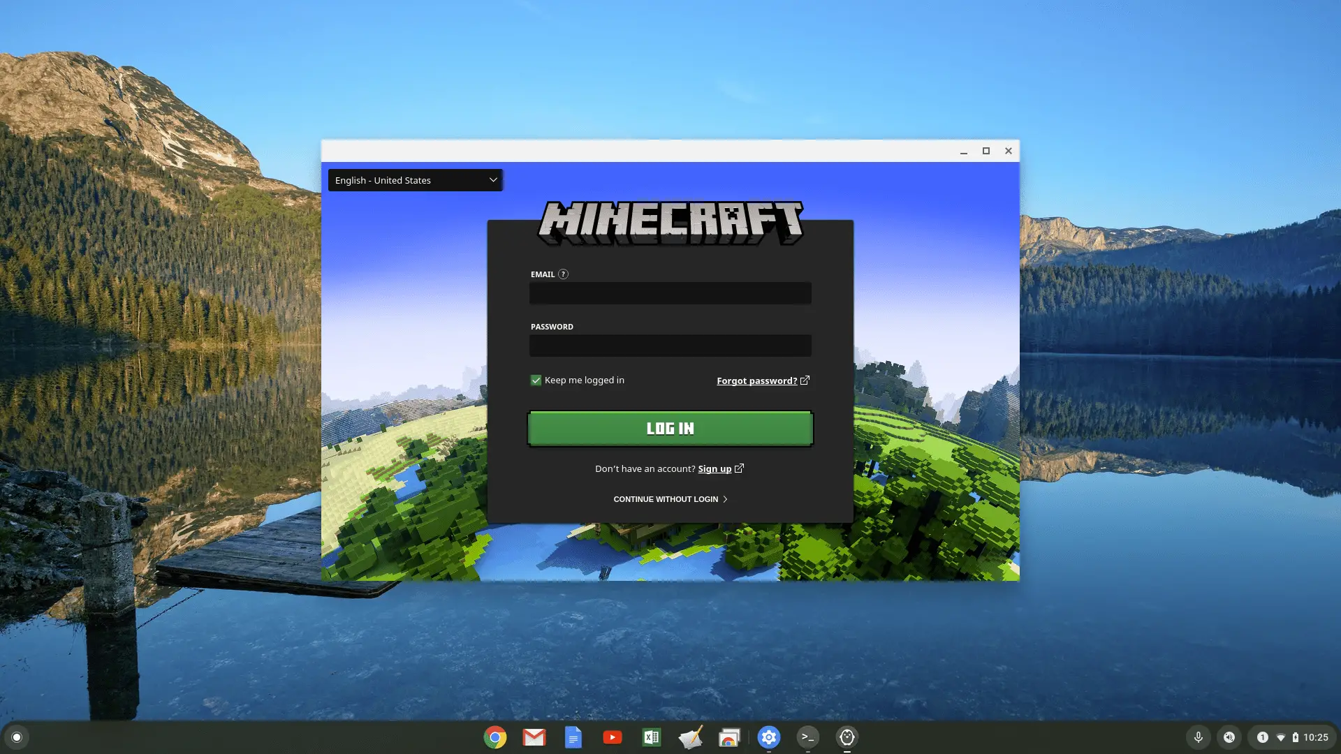 Captura de tela do login do Minecraft no Chromebook