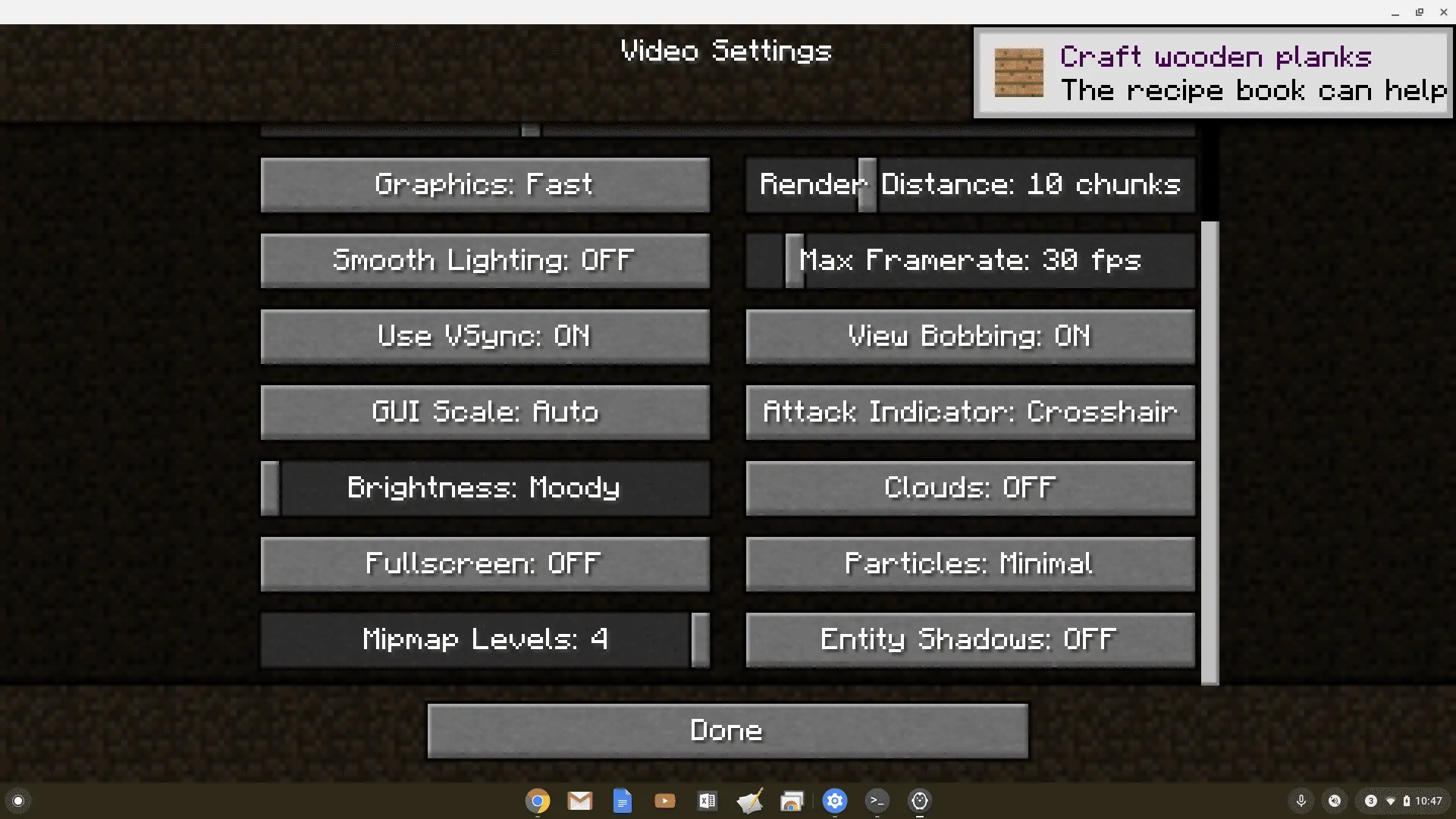 Captura de tela das configurações de vídeo no Minecraft no Chromebook