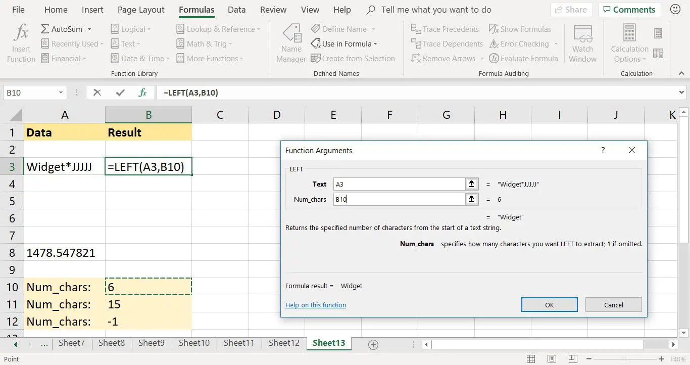 Uma captura de tela mostrando como entrar na função ESQUERDA no Excel