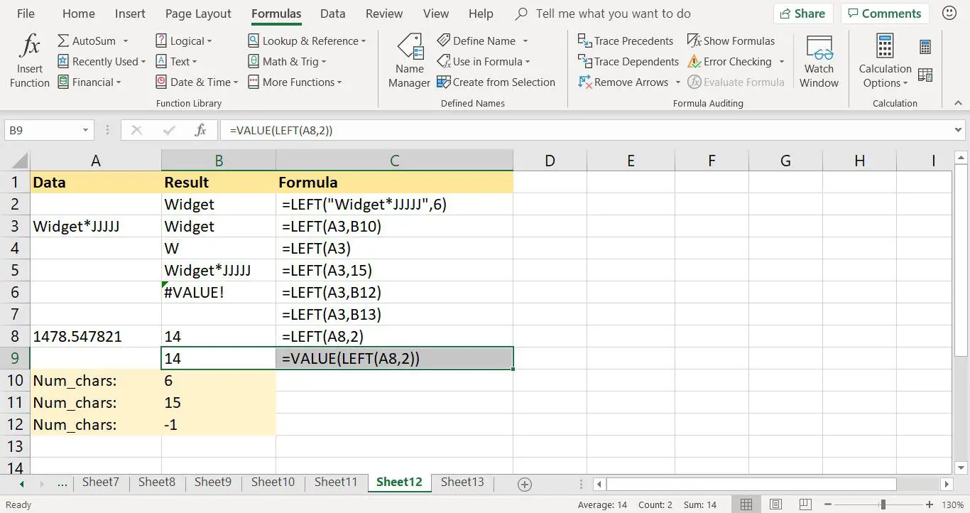 Captura de tela do Excel mostrando a função VALUE