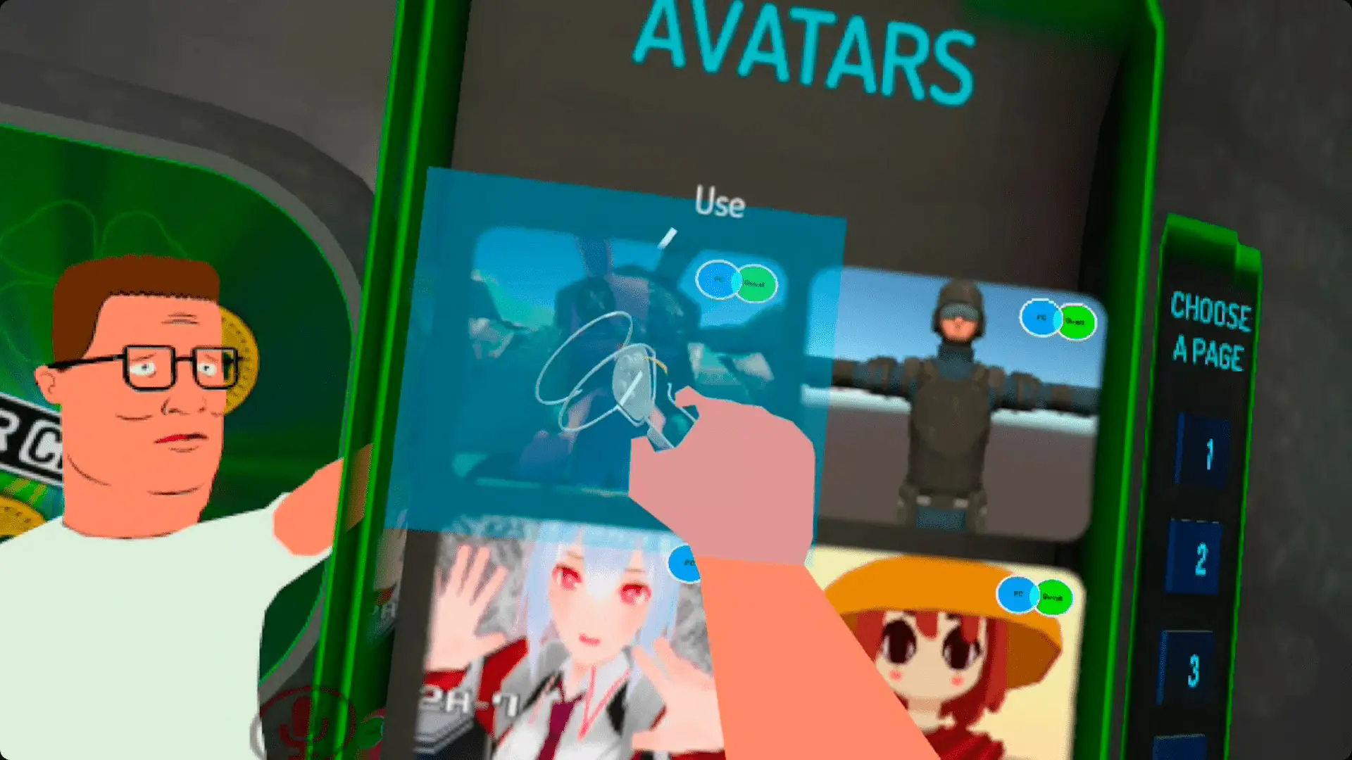 Selecionando um avatar no VRChat no Quest.