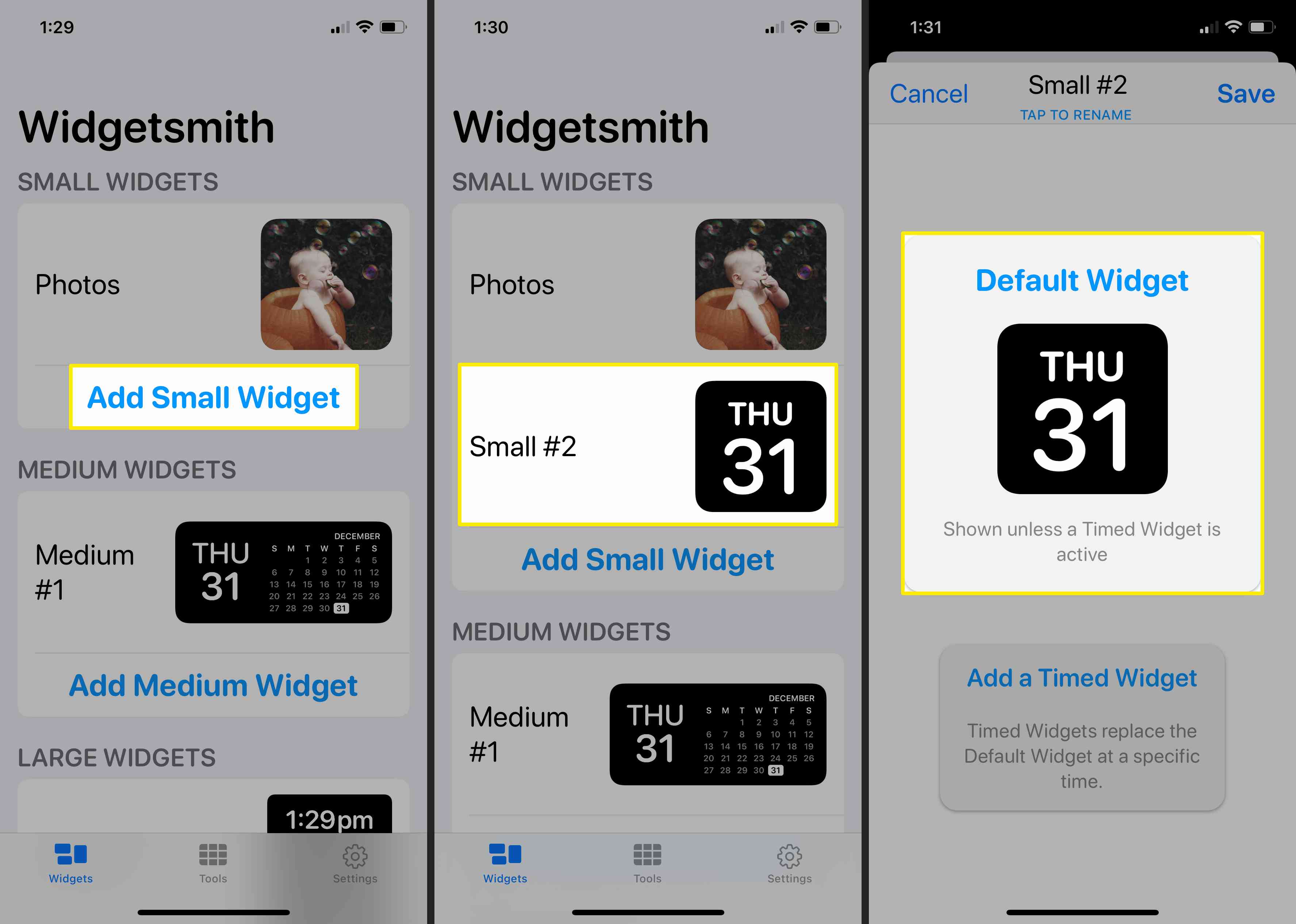Capturas de tela mostrando como adicionar um novo widget no Widgetsmith.
