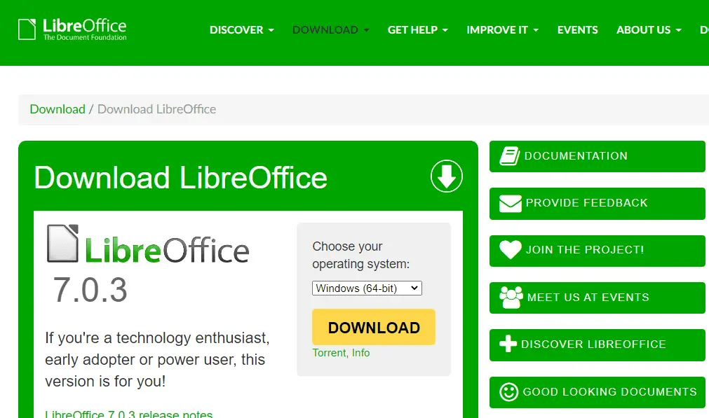 Captura de tela da página de download do LibreOffice