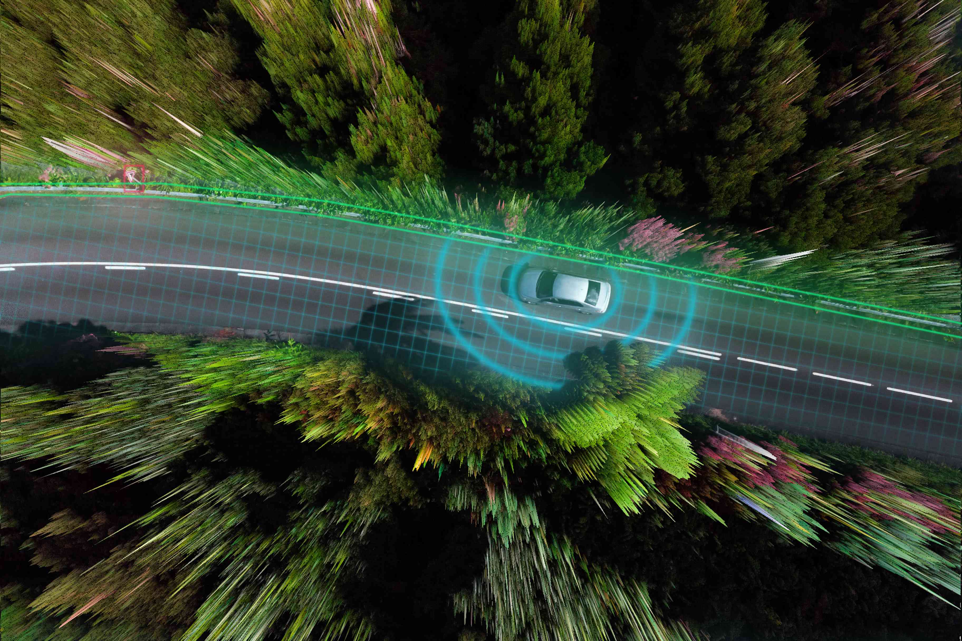 Carro inteligente avaliando a estrada com sensores e tecnologia futurística