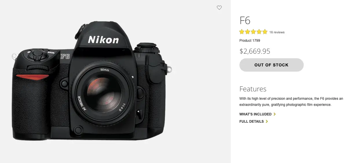 A Nikon F6 listada como "Fora de estoque" no site da Nikon