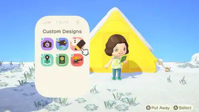 Captura de tela de Animal Crossing: New Horizon - o jogador do lado de fora de sua casa com o NookPhone aberto