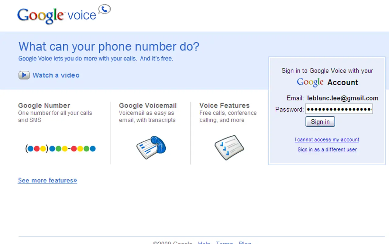 Captura de tela do site do Google Voice.