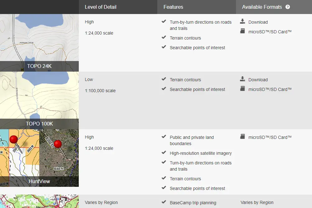 Captura de tela da página de mapas externos da Garmin