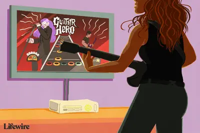 Ilustração de uma pessoa com cabelo comprido jogando Guitar Hero em um Xbox 360