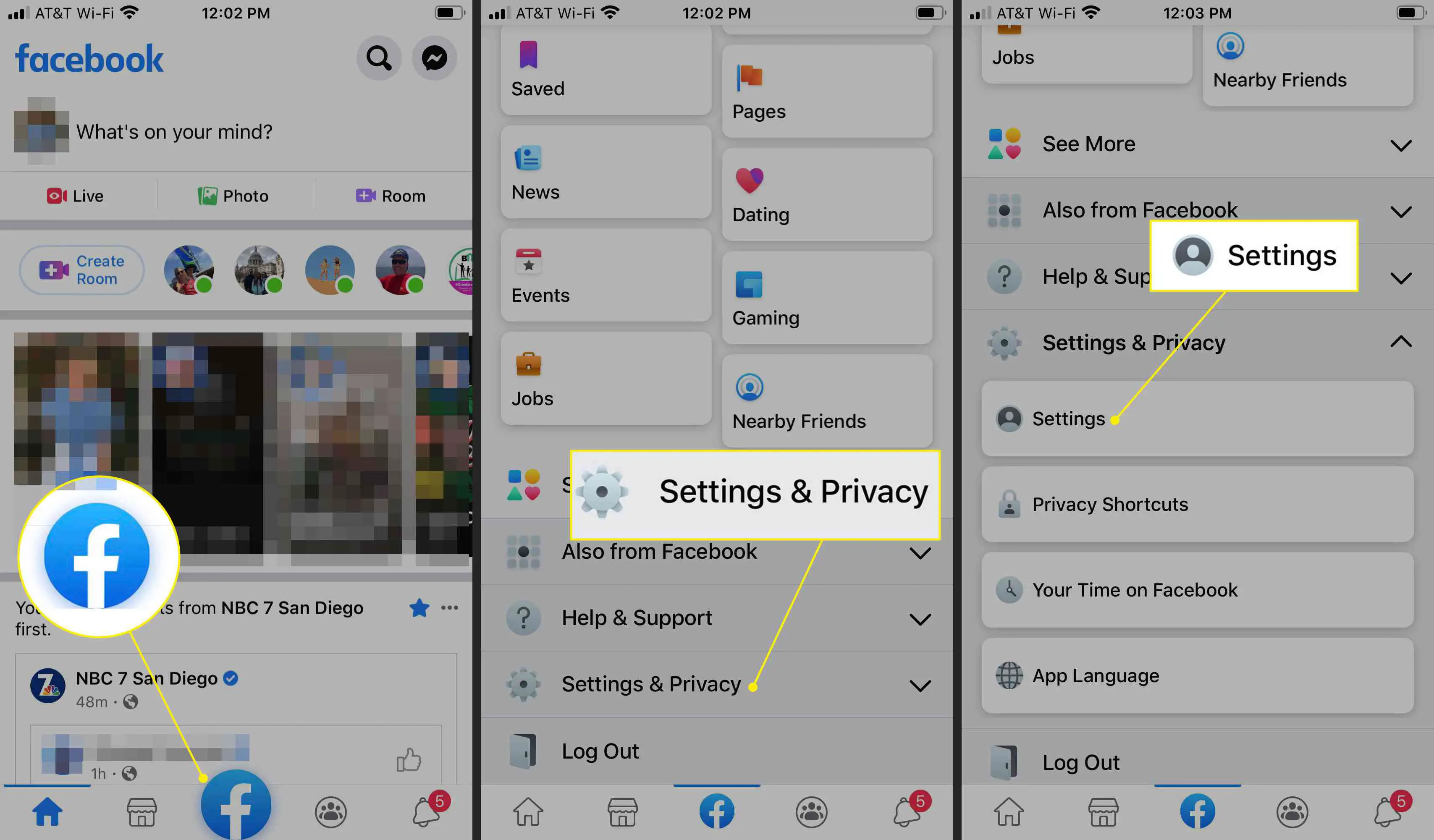 Configurações de privacidade no aplicativo do Facebook