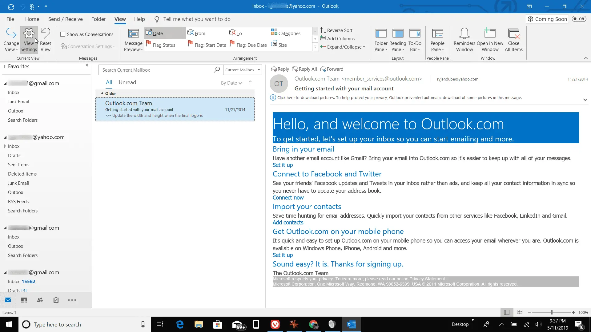 Captura de tela das configurações de exibição no Outlook
