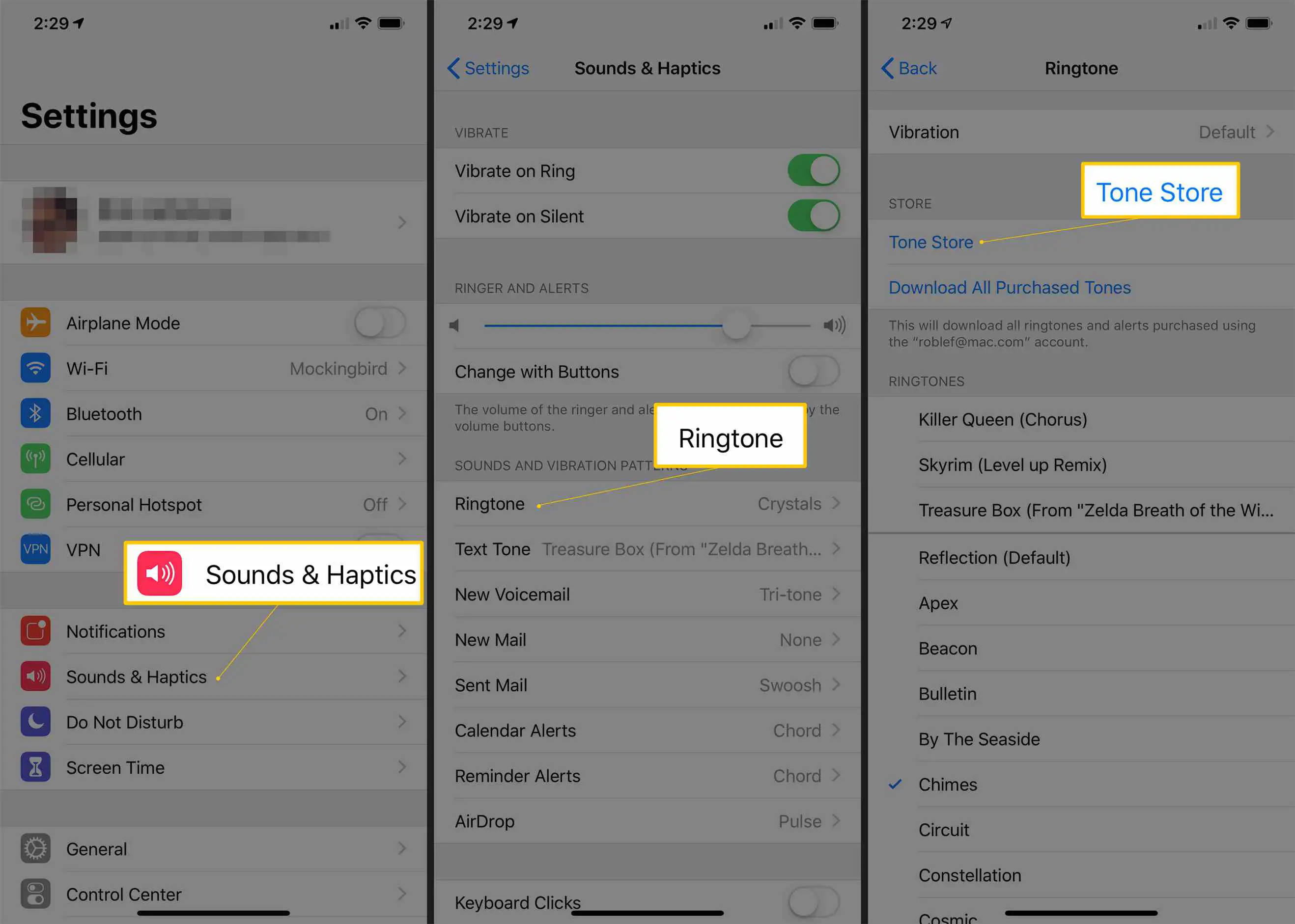 Três telas do iOS mostrando os botões Sounds & Haptics, Ringtone e Tone Store no aplicativo Configurações
