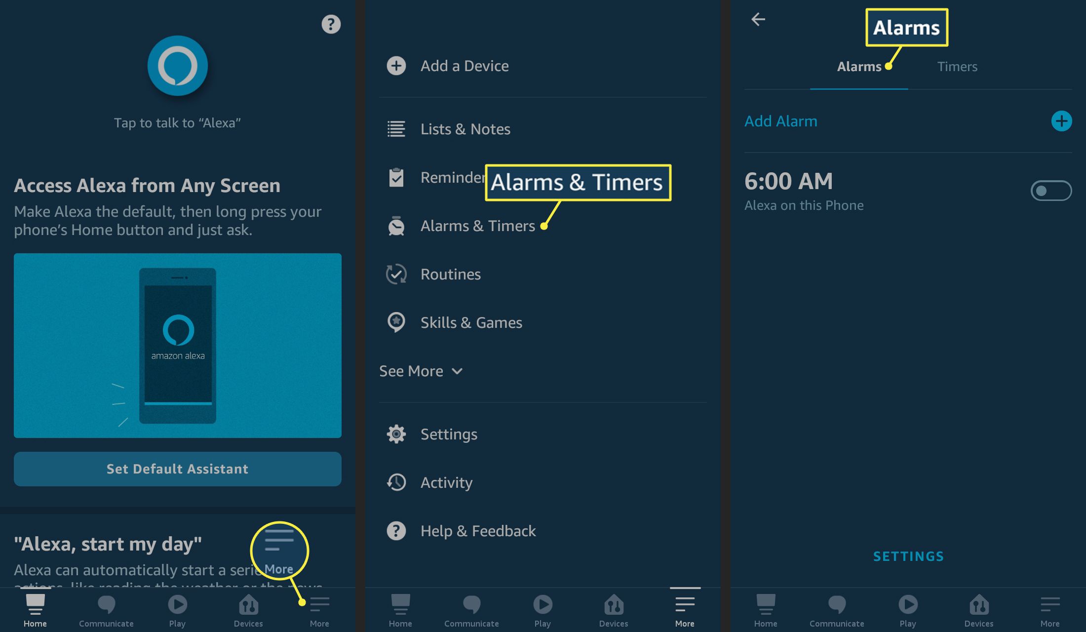 Mais, alarmes e temporizadores e guia Alarmes no aplicativo Alexa