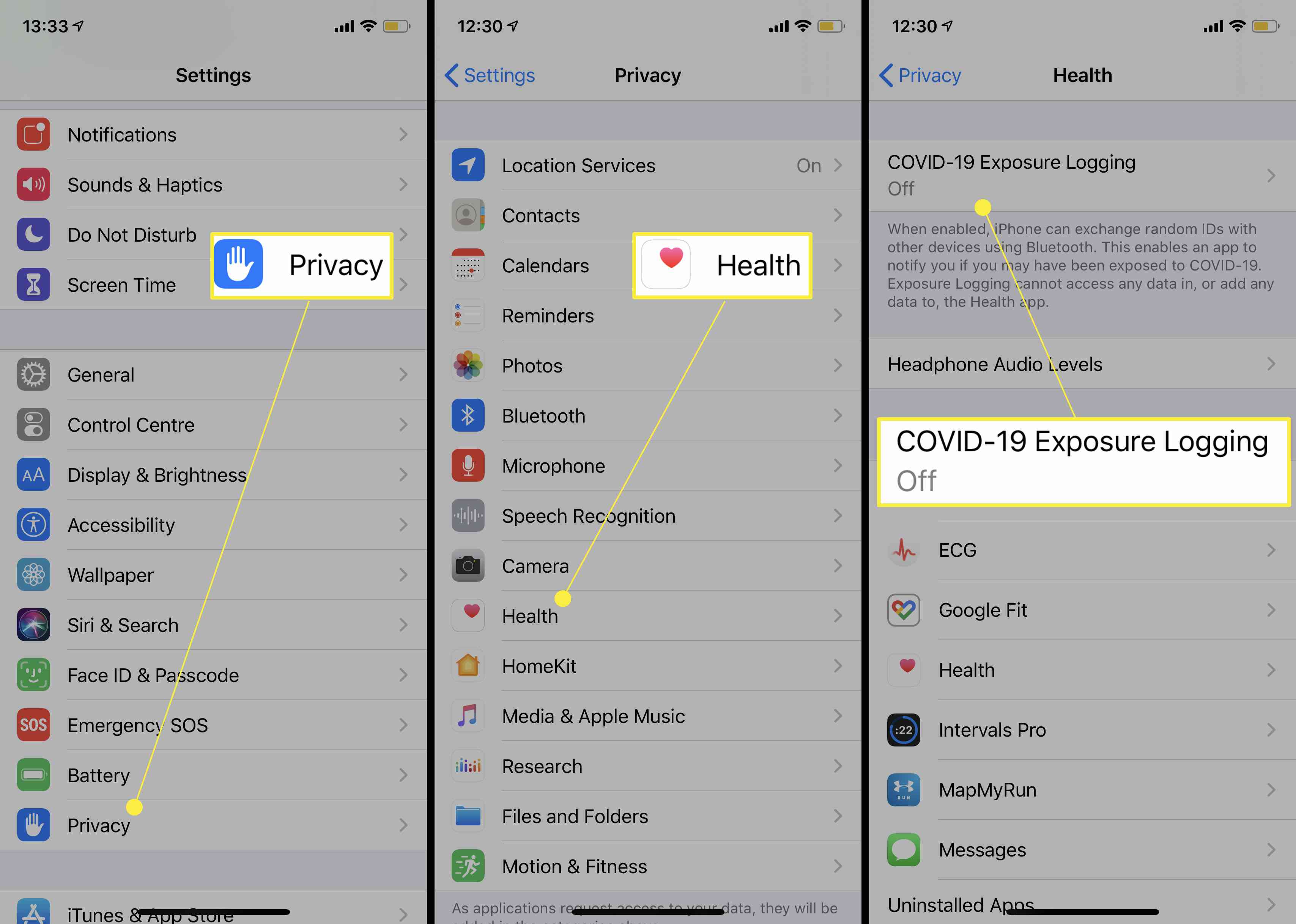 As etapas para encontrar a configuração do Registro de exposição COVID-19 nas configurações do iOS