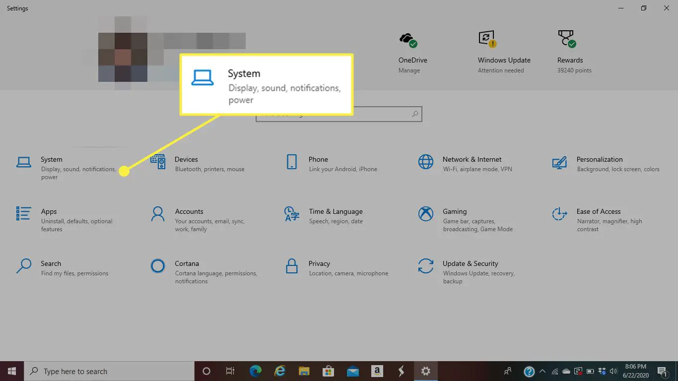 O título do sistema nas configurações do Windows 10