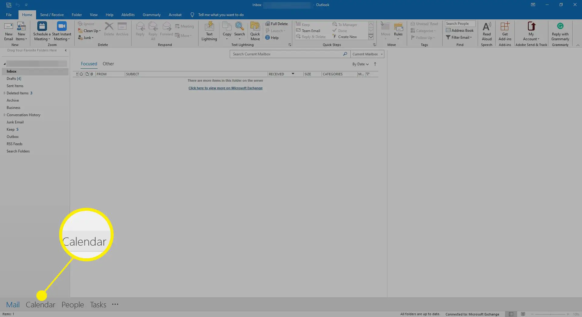 Selecionando a visualização do Calendário no Outlook.