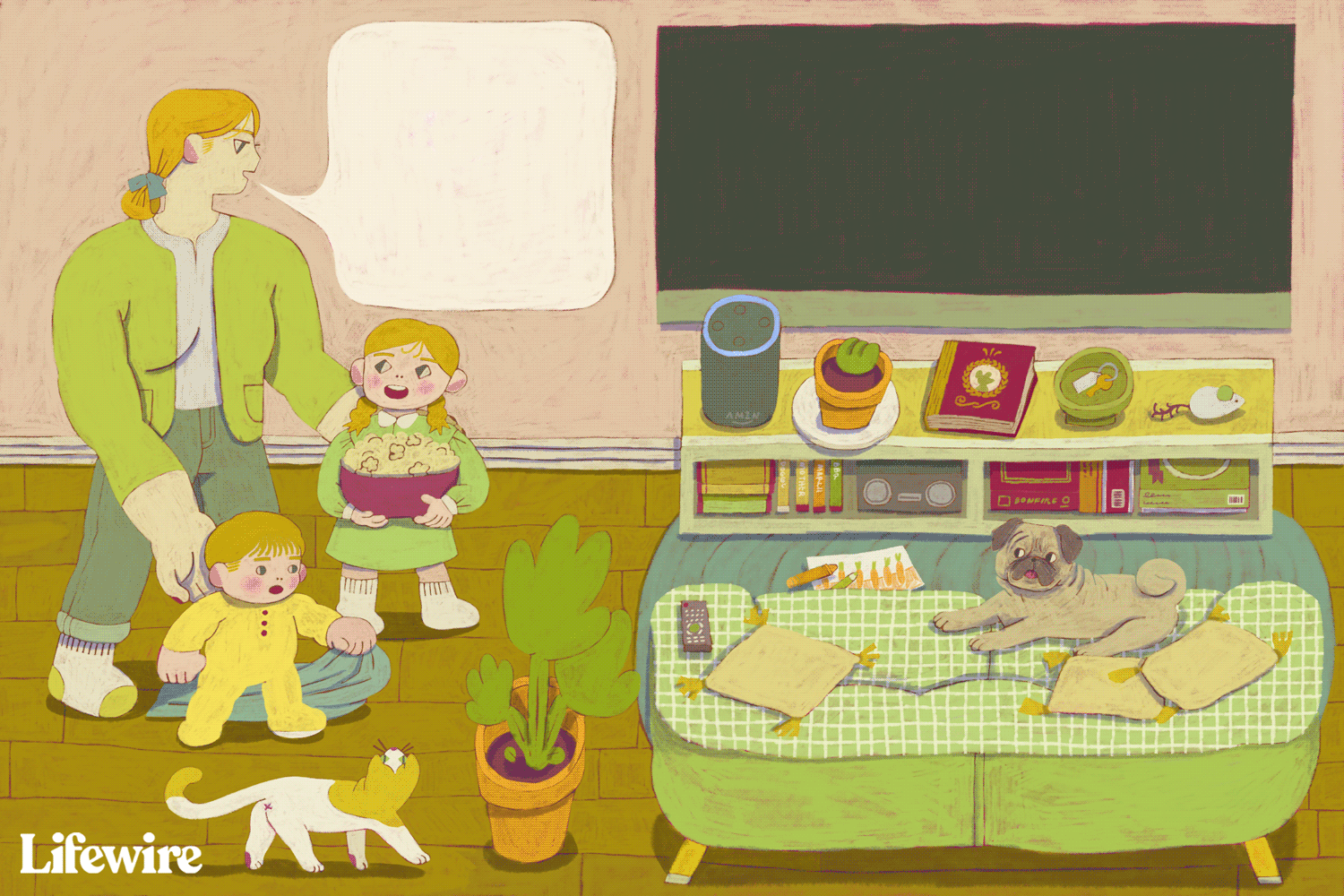 Ilustração animada de um pai perguntando "Alexa, peça ao controle remoto rápido para iniciar o roku da sala da família"