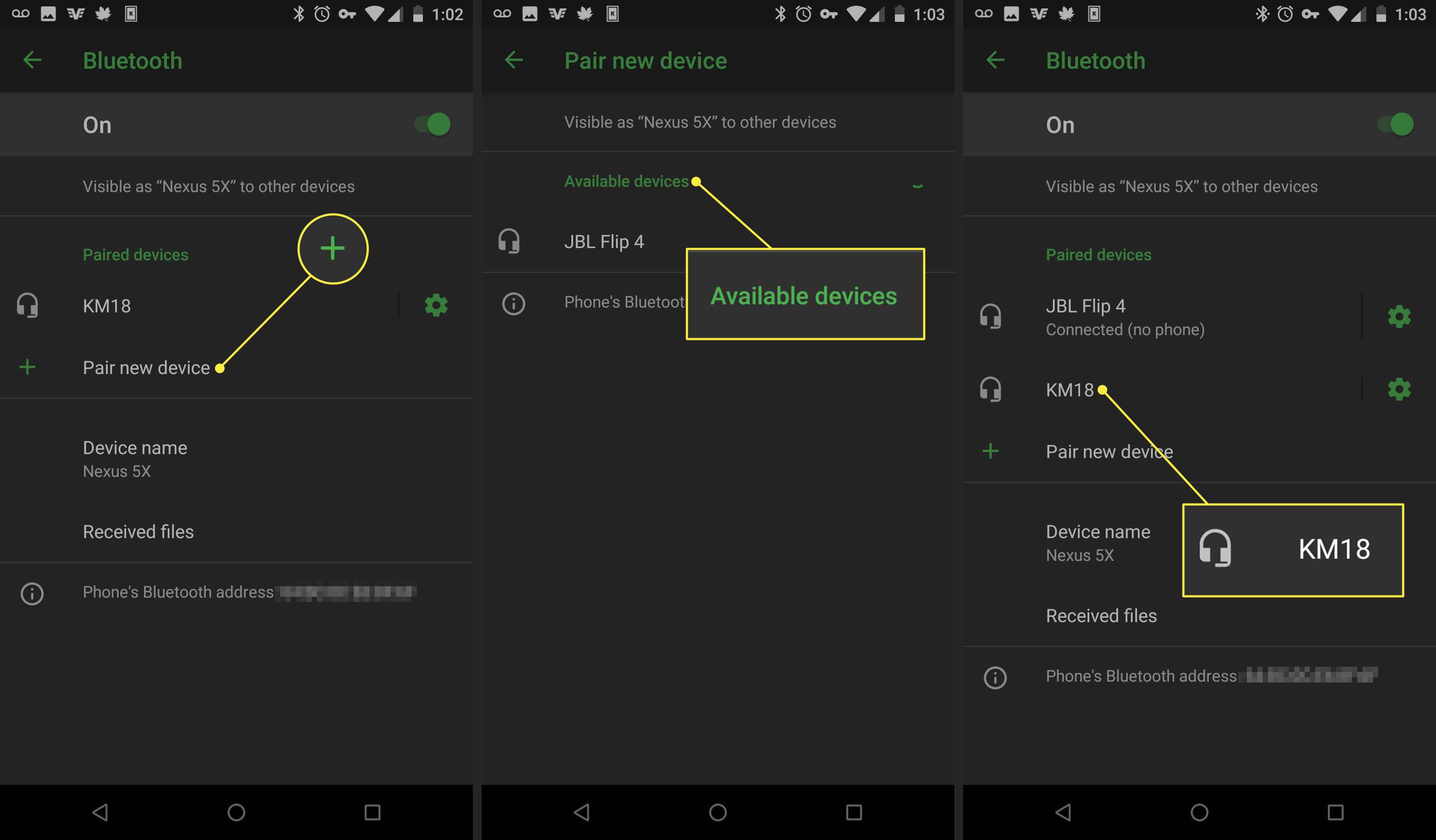Capturas de tela de um dispositivo Android mostrando como emparelhar um dispositivo via Bluetooth