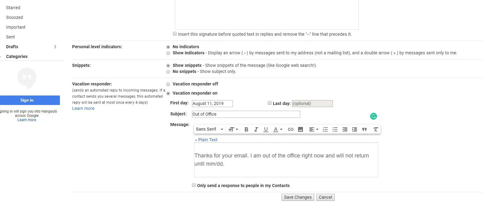 Mensagem de resposta automática de férias no Gmail